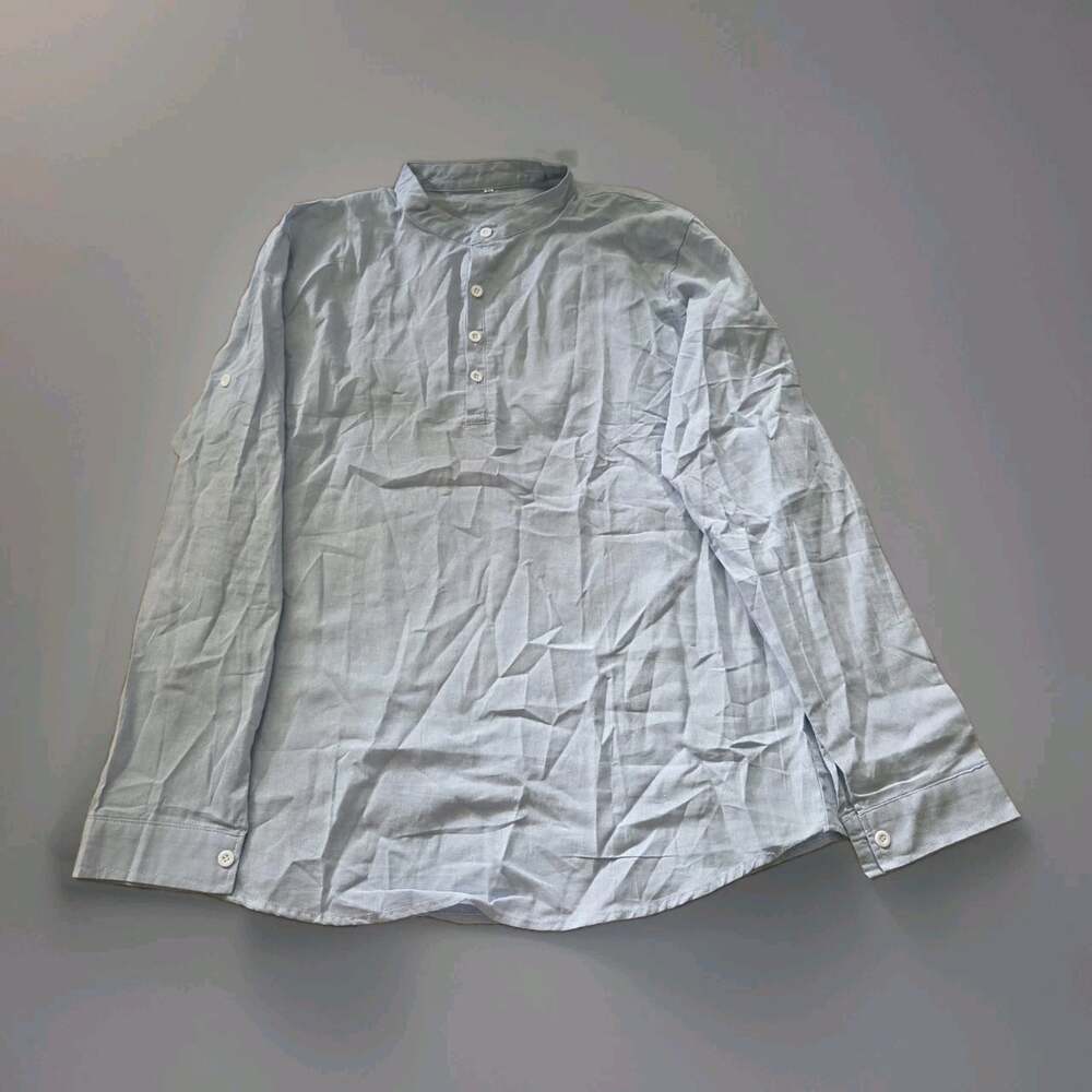 Mens Shirt Linen 2XL Light Blue Band Collar Long Sleeve Casual Top Coastal Light